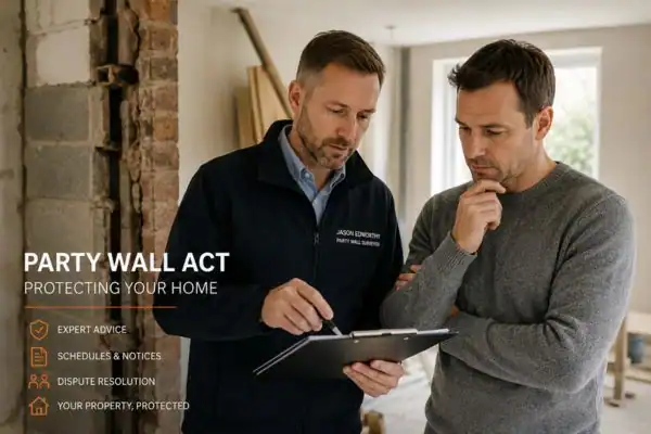 Party wall surveyor Leicestershire discussing extension plans with homeowner outside a UK semi-detached house.